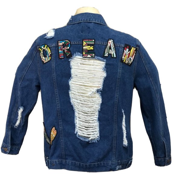 Boom Boom Jeans Jean Jacket Native American Design Blue Denim Size XL Women's - Picture 3 of 11